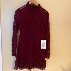 Burgundy Lace High-Neck, Mid-Thigh, Semi-Sheer Dress